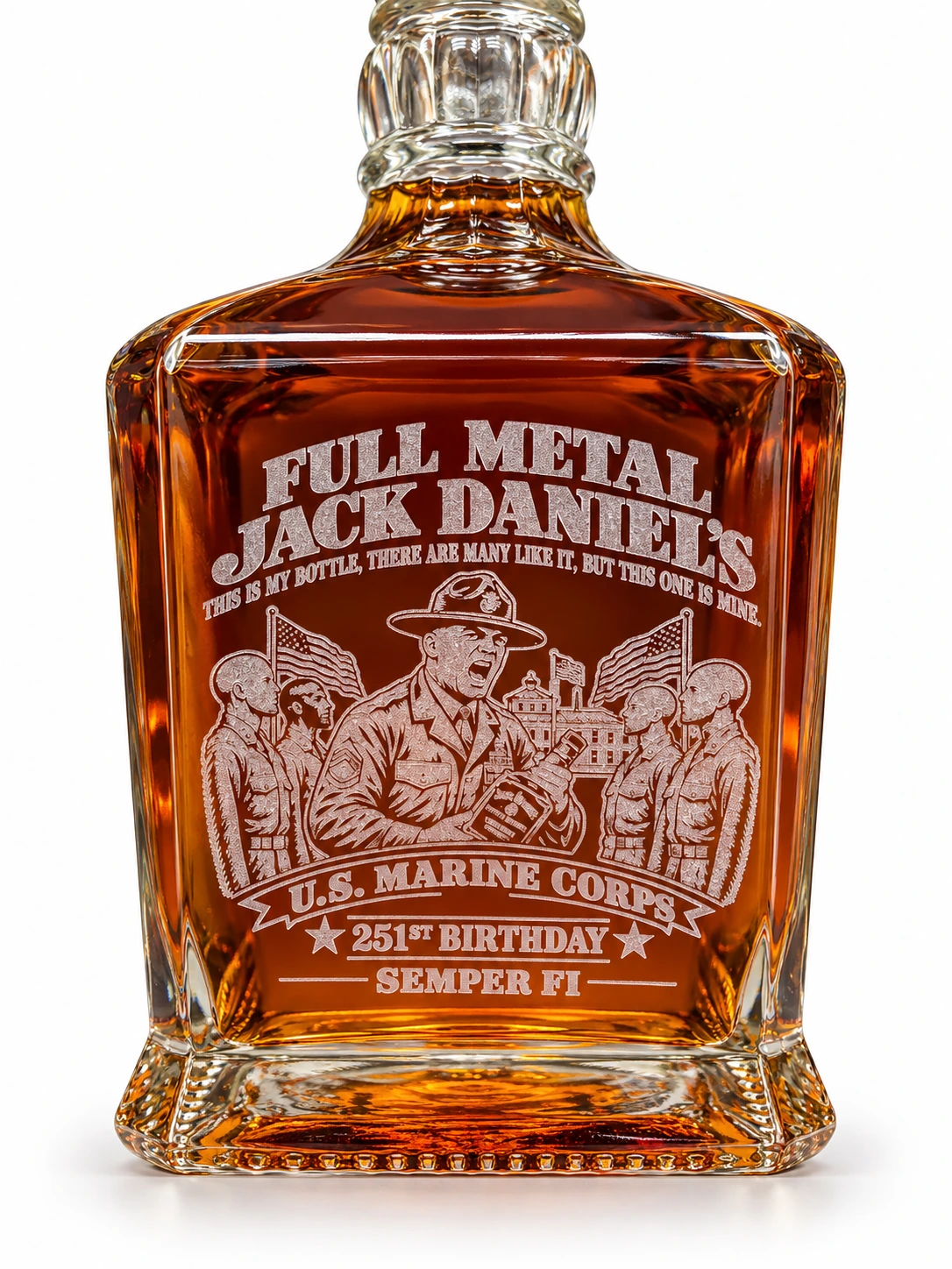 Jack Daniel's Single Barrel 750 mL bottle engraved with Full Metal Jack Daniel's, U.S. Marine Corps 251st Birthday, and Semper Fi