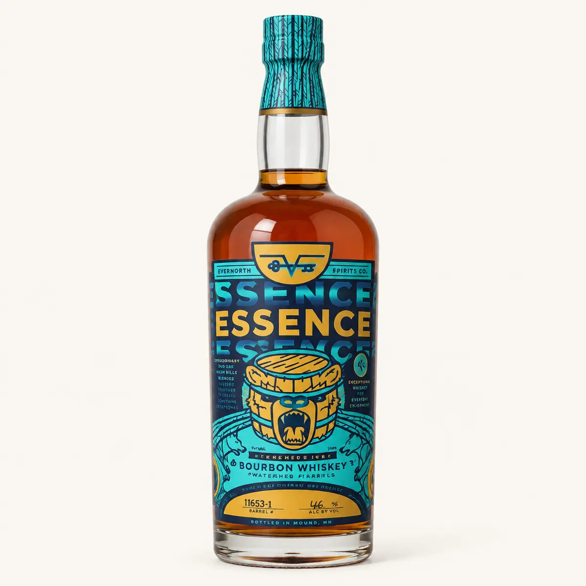 EverNorth Essence Single Barrel Bourbon Whiskey 750 mL bottle with turquoise label