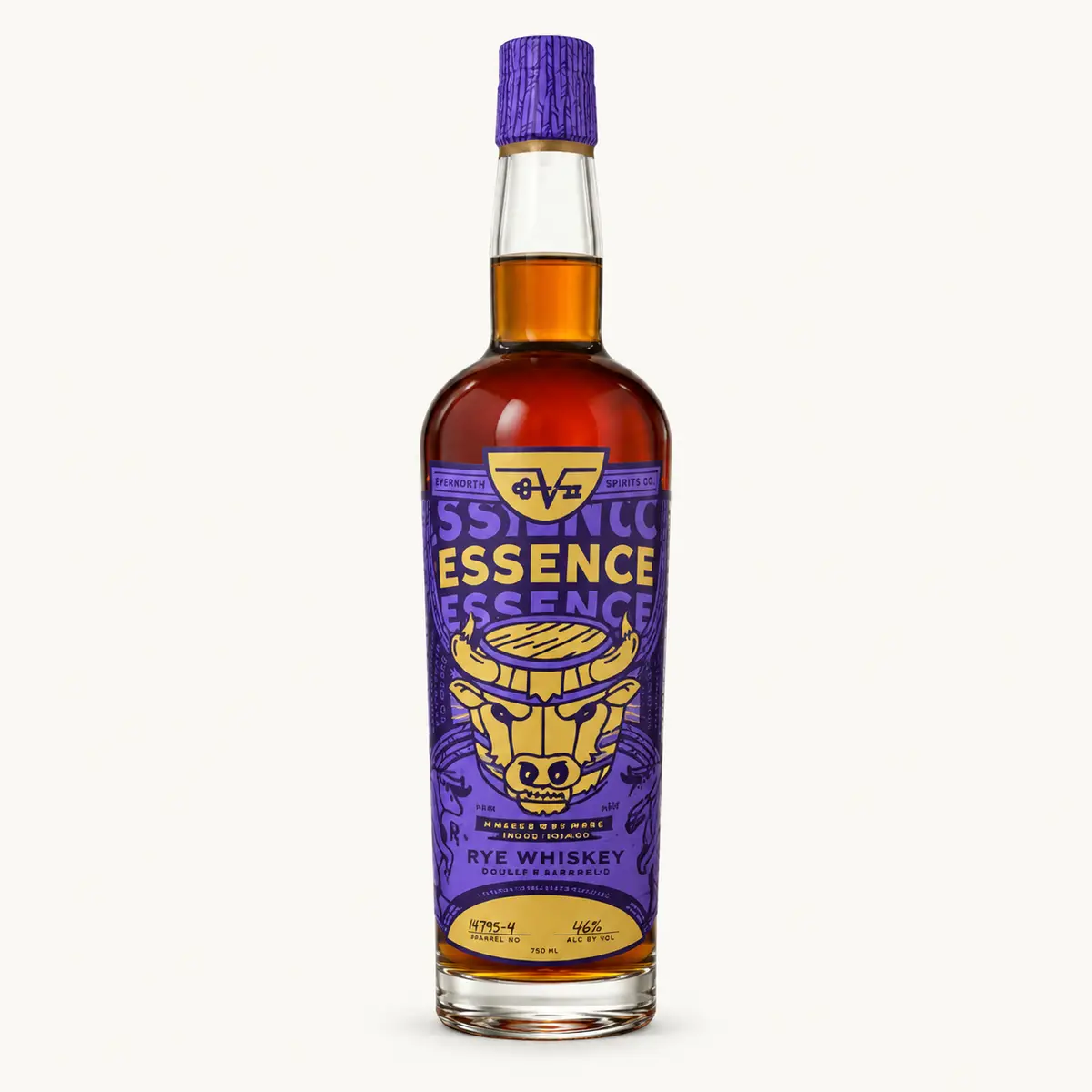 EverNorth Essence Single Barrel Rye Whiskey Double Barreled 750 mL bottle with purple label