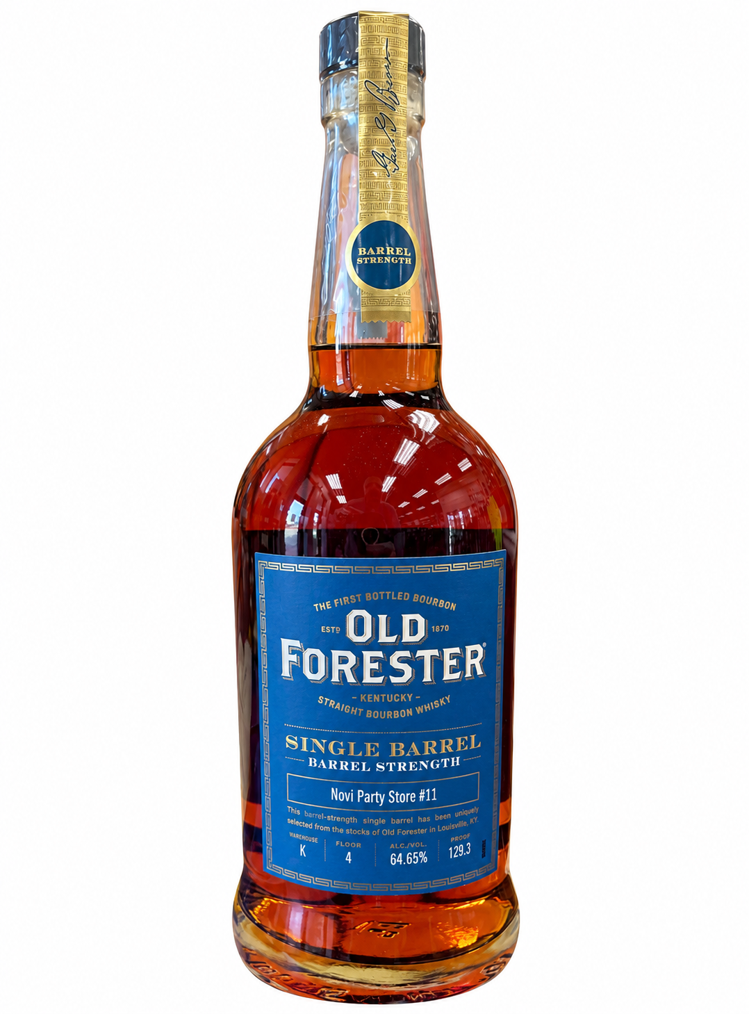 Old Forester Single Barrel Barrel Strength Novi Party Store #11 bourbon, 750 mL, 129.3 proof, blue label